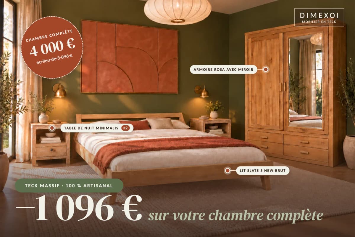 Offre chambre complète : lit Slats 3 New en teck brut, armoire Rosa avec miroir et deux tables de nuit Minimalis, 4000 € au lieu de 5096 € au showroom DIMEXOI de Saint-Pierre
