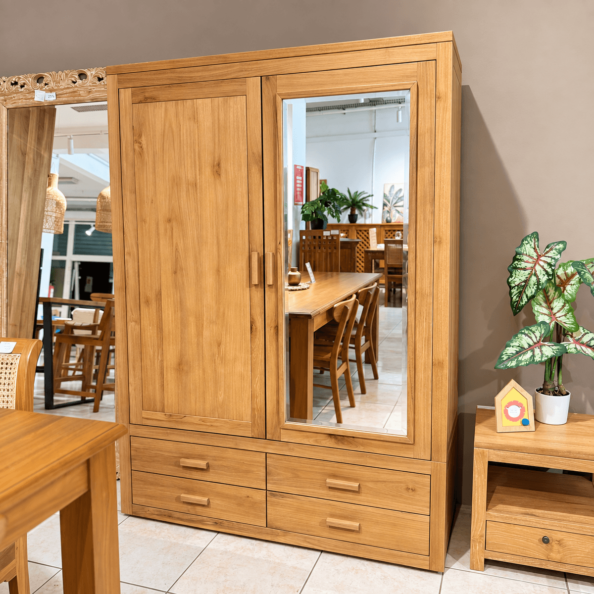 Armoire Rosa 1P miroir à droite 1P Block 4T poignée bois 130x45x185cm
