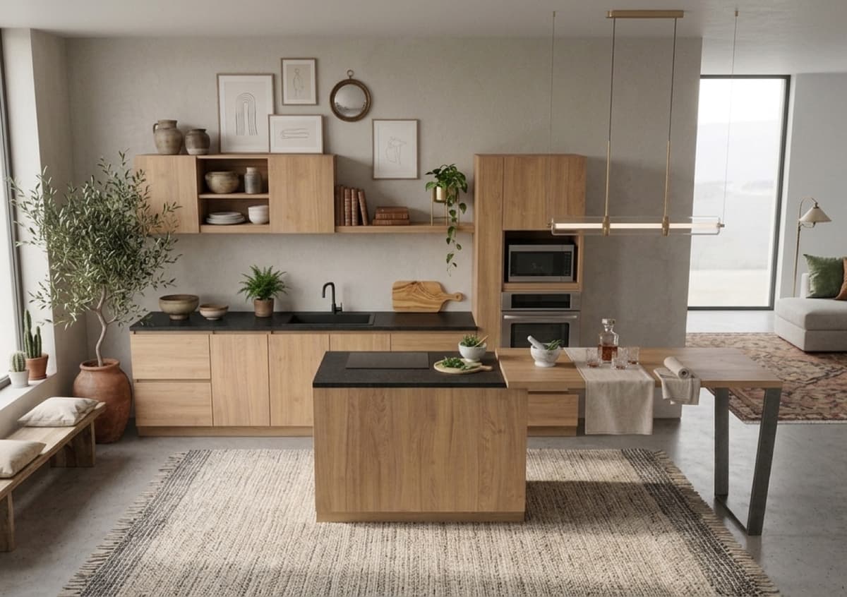 Cuisine en teck massif contemporaine avec îlot central et plan de travail noir